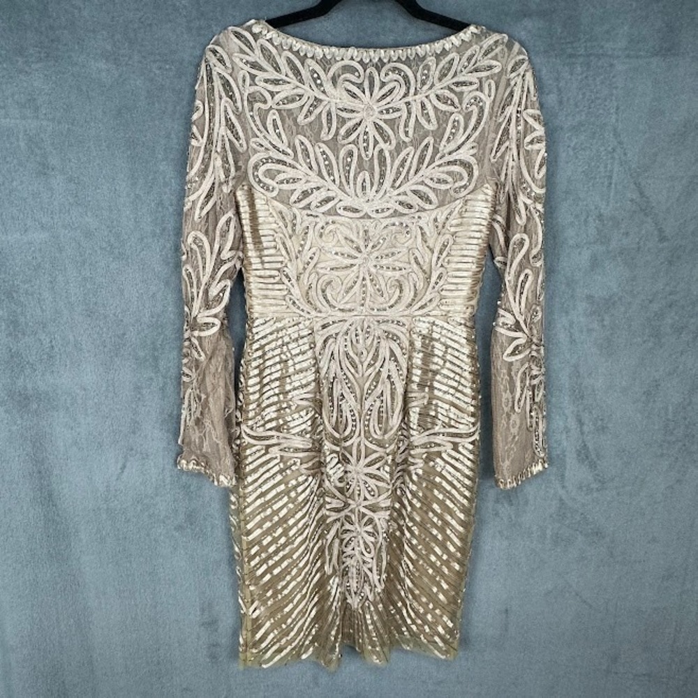 Sue Wong Dress Womens 4 Beige Beaded Long Sleeve Cocktail Wedding Guest Gala - Picture 8 of 15